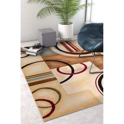 Well Woven Arcs Shapes Natural Modern Abstract Ivory, Beige, Brown, Blue Red Area Rug - 7' 10" x 9' 10"
