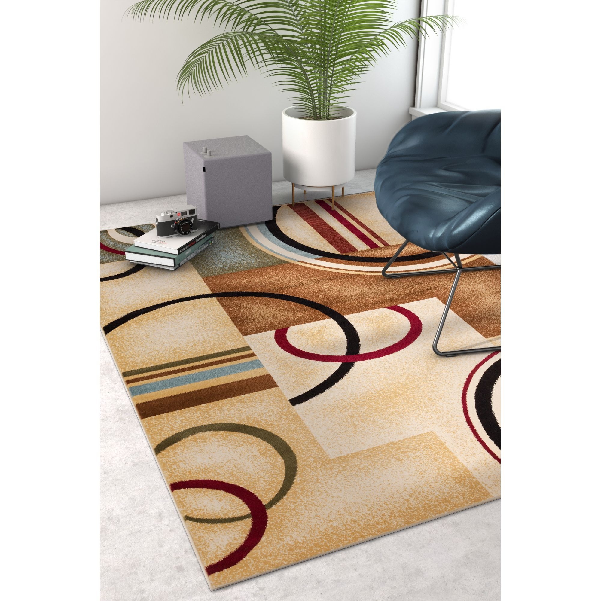 Well Woven Arcs Shapes Natural Modern Abstract Ivory, Beige, Brown, Blue Red Area Rug - 7' 10" x 9' 10"