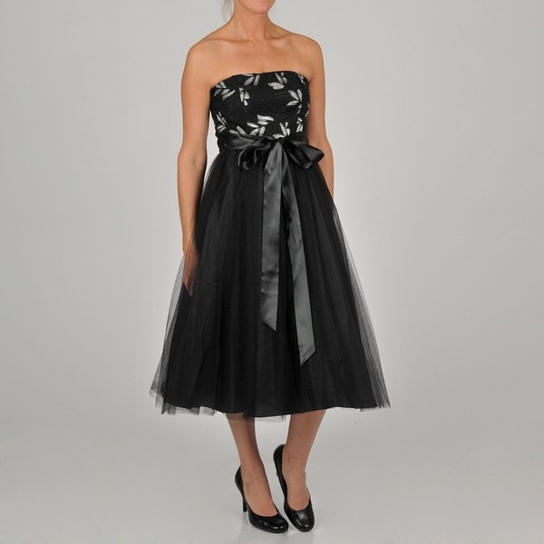 Oleg Cassini Women's Strapless Tea Length Tulle Skirt Party Dress Oleg Cassini Evening & Formal Dresses