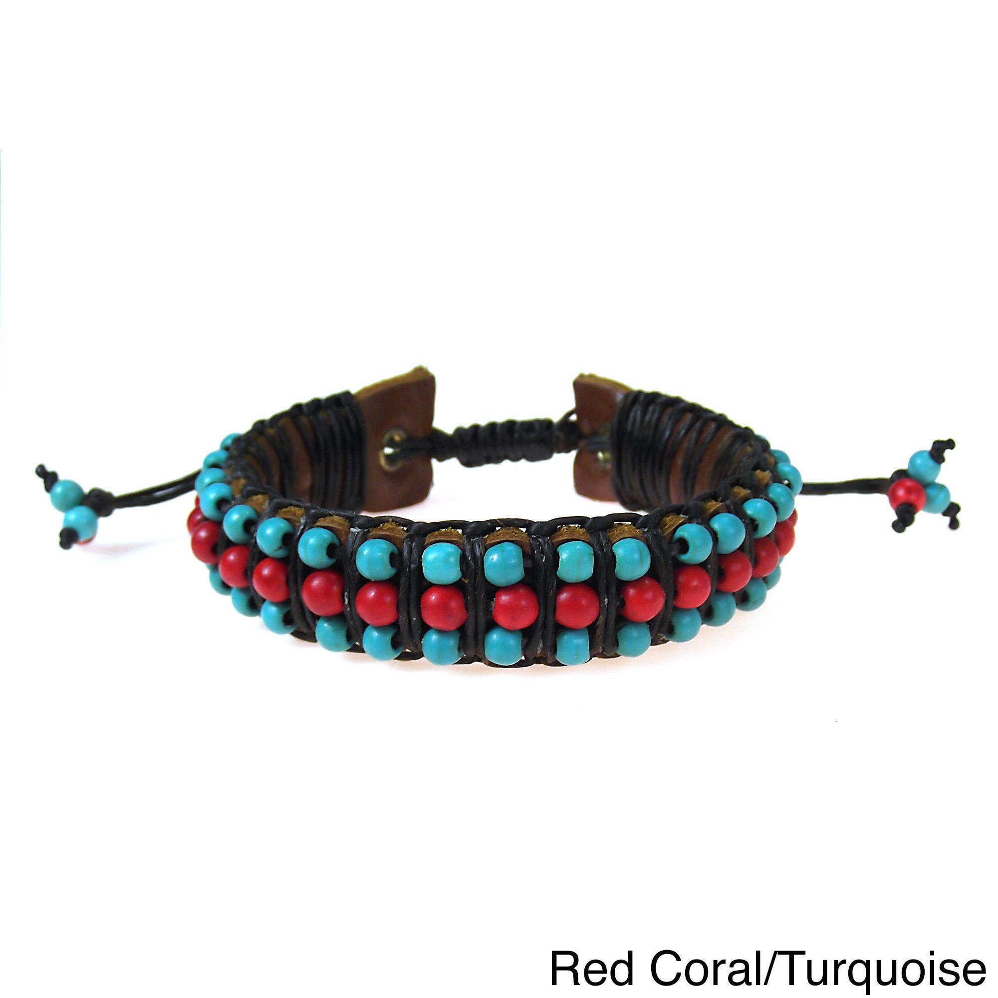 Red Coral or Pearl and Turquoise Leather Bracelet (Thailand) Today $