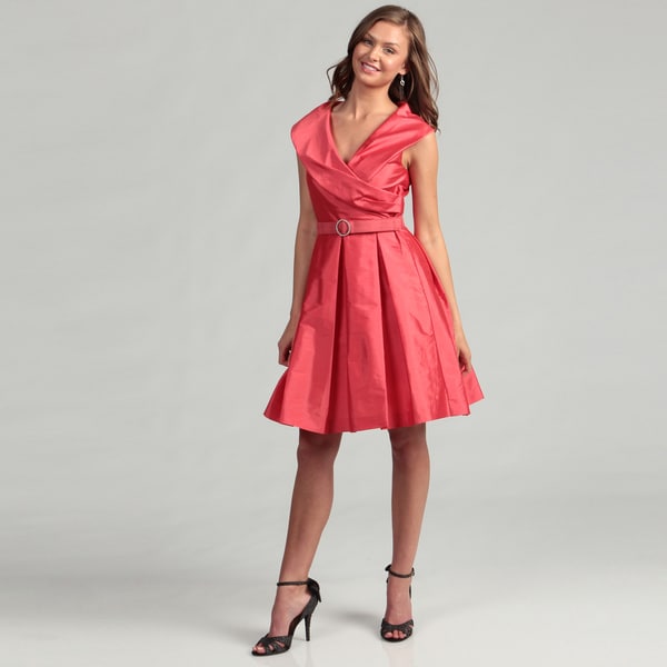 Eliza J Women's Coral Rhinestone Belted Dress Eliza J Evening & Formal Dresses