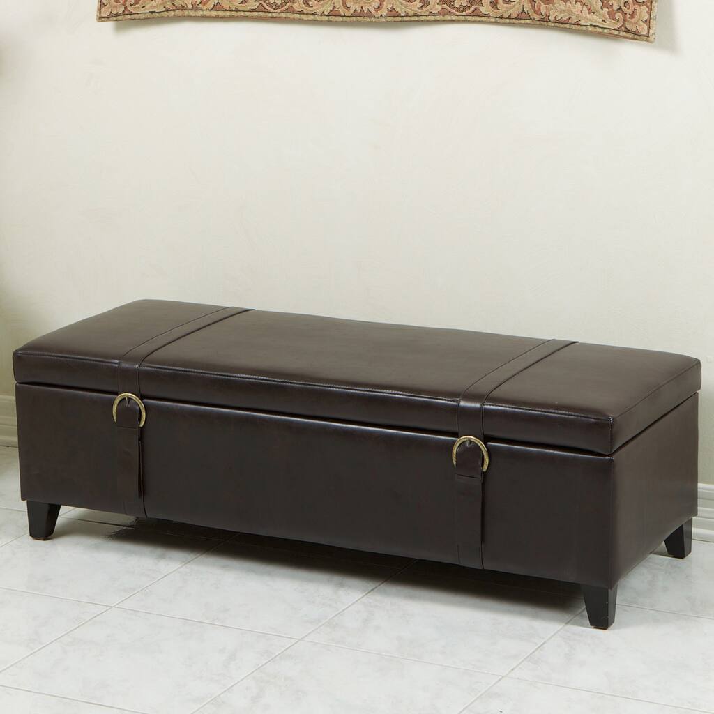 Brown Bonded Leather Storage Ottoman Bench with Straps by Christopher Knight Home