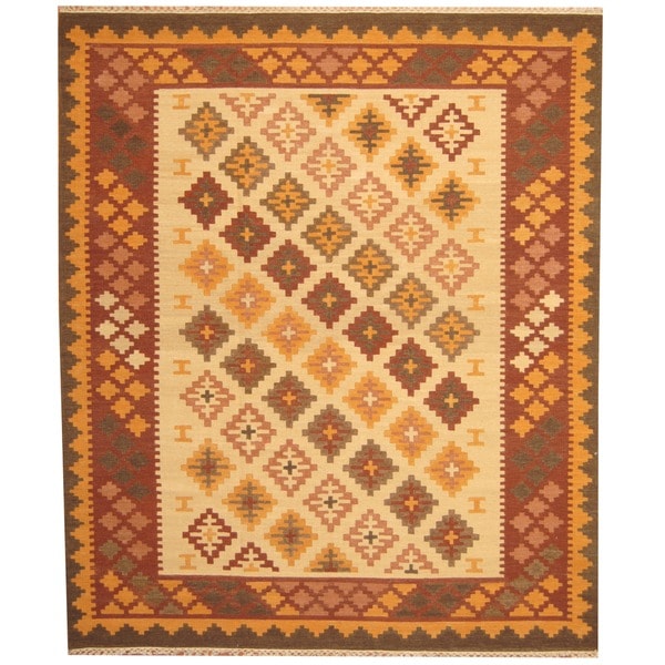 Herat Oriental Indo Hand-woven Kilim Ivory/ Rust Wool Area Rug (8' x 10') - 8' x 10'