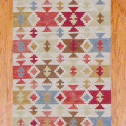 preview thumbnail 2 of 1, Indo Hand-Knotted Kilim Ivory-and-Green Wool Runner Rug (2'6" x 10")