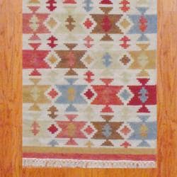 preview thumbnail 3 of 1, Indo Hand-Knotted Kilim Ivory-and-Green Wool Runner Rug (2'6" x 10")