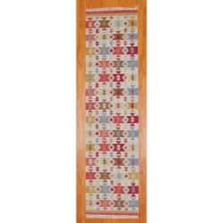 slide 2 of 3, Indo Hand-Knotted Kilim Ivory-and-Green Wool Runner Rug (2'6" x 10")