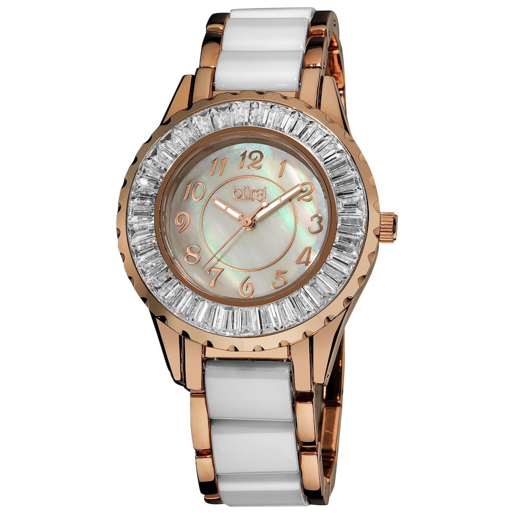 Stainless-Steel Burgi Women's Ceramic White Bracelet Baguette Quartz Watch