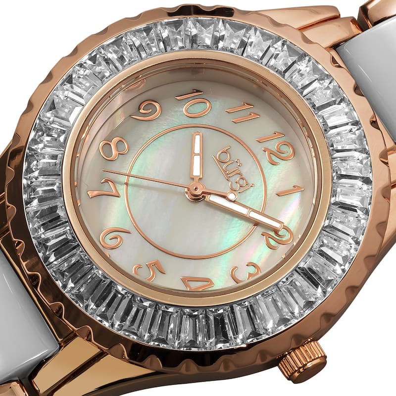 Stainless-Steel Burgi Women's Ceramic White Bracelet Baguette Quartz Watch