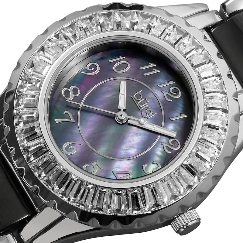 Black Burgi Women's Ceramic Bracelet Baguette Quartz Watch