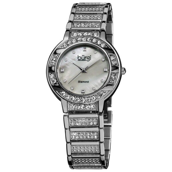 Burgi Women's Water-resistant Mother of Pearl Diamond Quartz Silver-Tone Watch