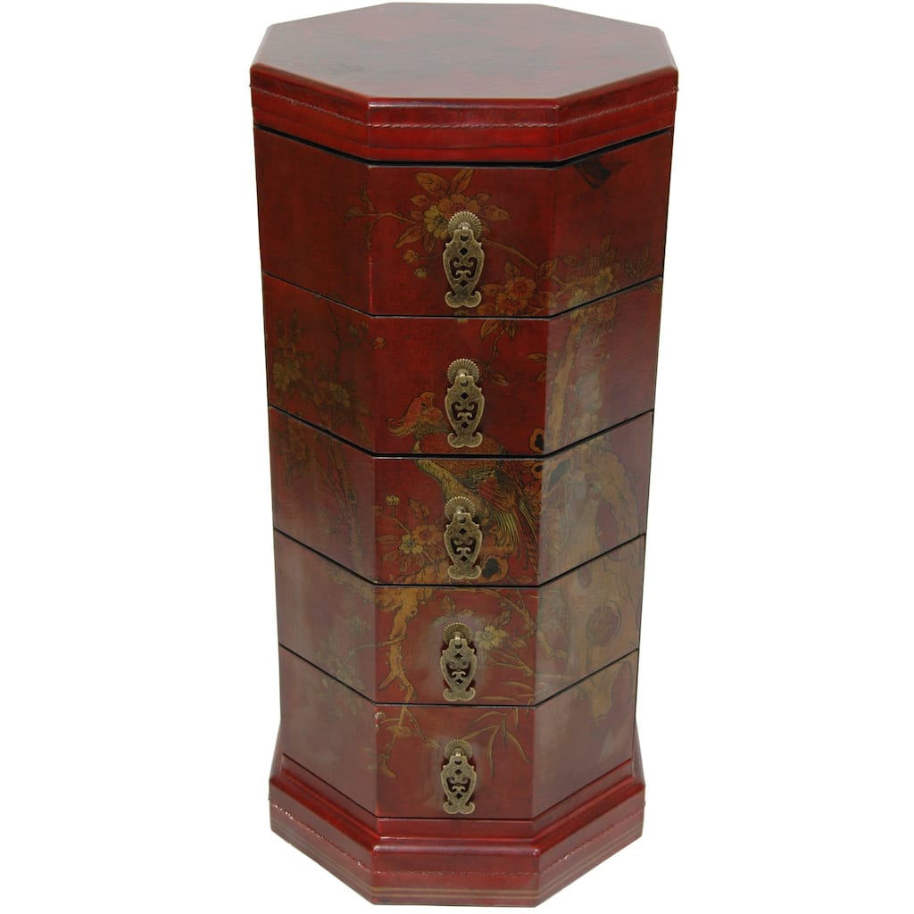 Red Lacquer Five Drawer Octagonal Chest (China)