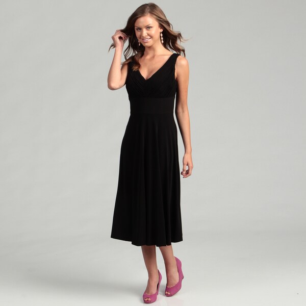 Jessica Howard Women's Black Pleated V neck Dress Jessica Howard Evening & Formal Dresses