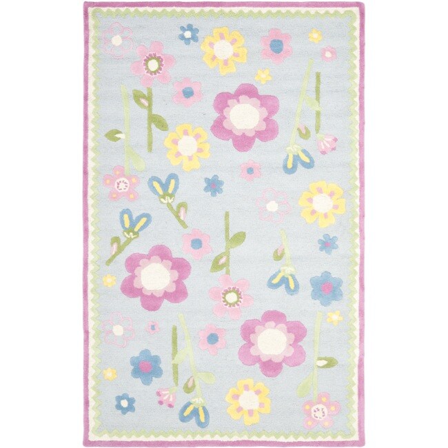 Handmade Spring Flowers Light Blue N. Z. Wool Rug (4 X 6)