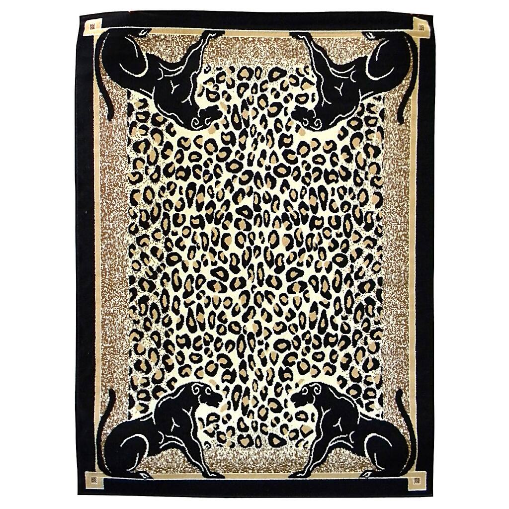 African Adventure Panther Border Rug (5'x7') - 5' x 7'