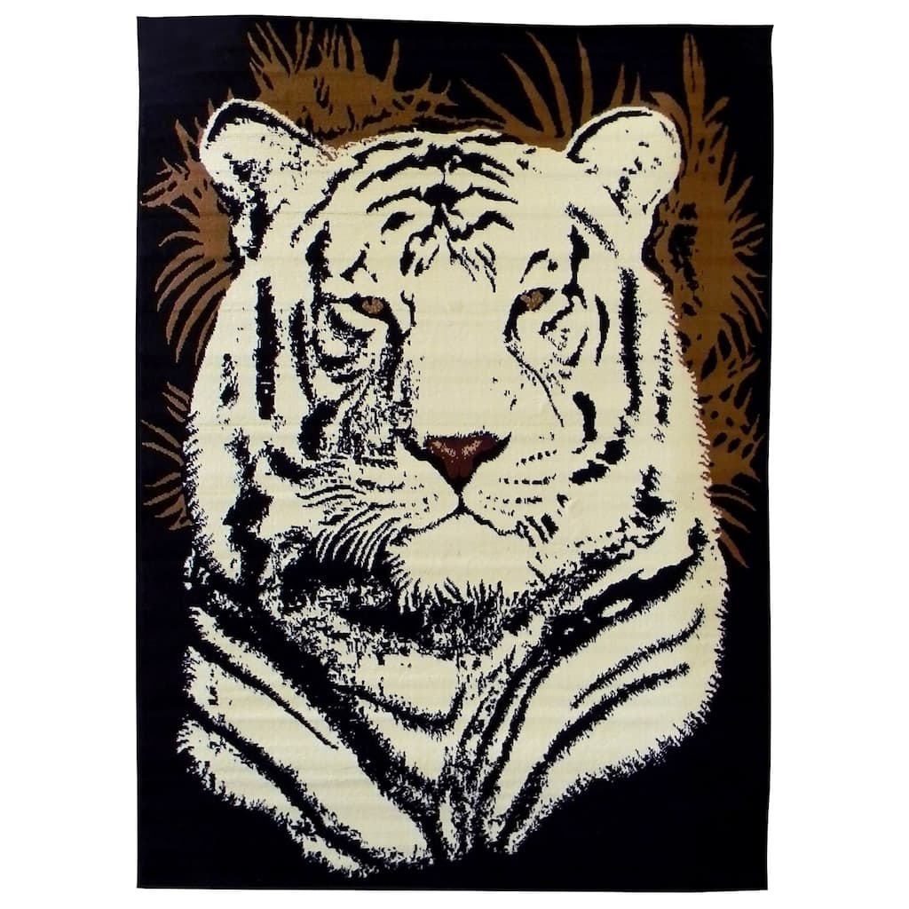 African Adventure White Tiger Head Black Area Rug (5' x 7') - 5' x 7'