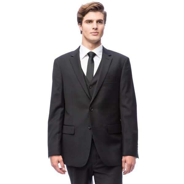 Men's Black Vested Wool Suit - Overstock - 6442782