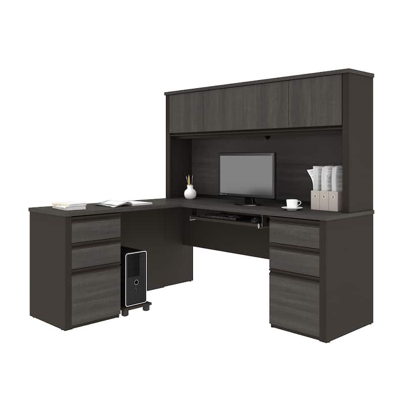 Bestar Prestige Plus L-shaped Desk with Hutch - Bark Gray & Slate