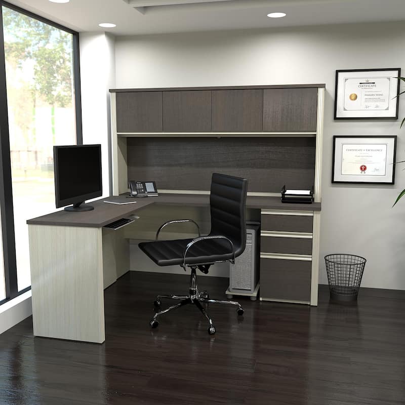 Bestar Prestige Plus L-shaped Workstation Desk with Hutch