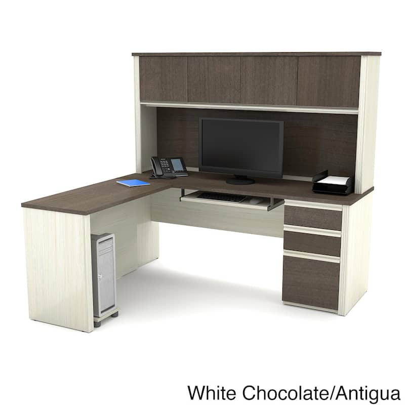 Bestar Prestige Plus L-shaped Workstation Desk with Hutch - White Chocolate & Antigua