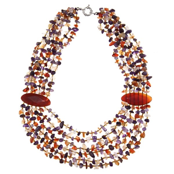 Miadora Valenza Brass 950ct TGW Agate, Amethyst and Carnelian Strand Necklace Miadora Gemstone Necklaces