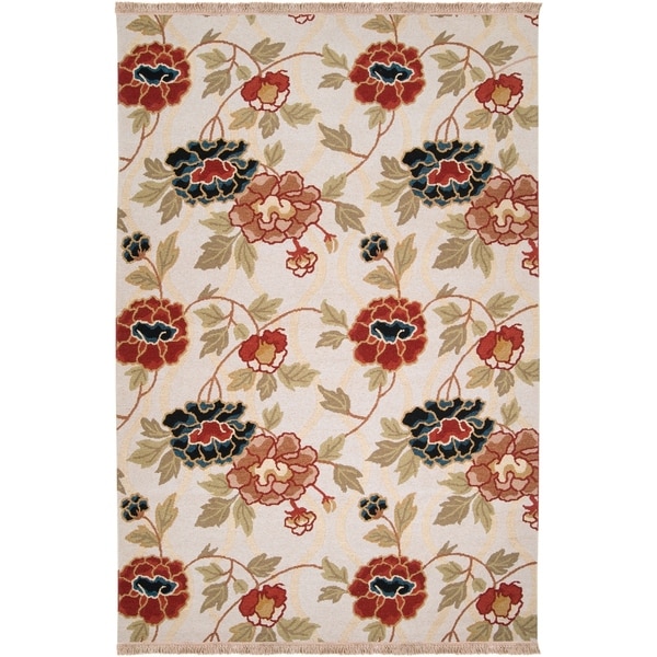 Hand-Knotted Veria Ivory/Multi-Colored Transitional Floral New Zealand Wool Area Rug - 10' x 14'