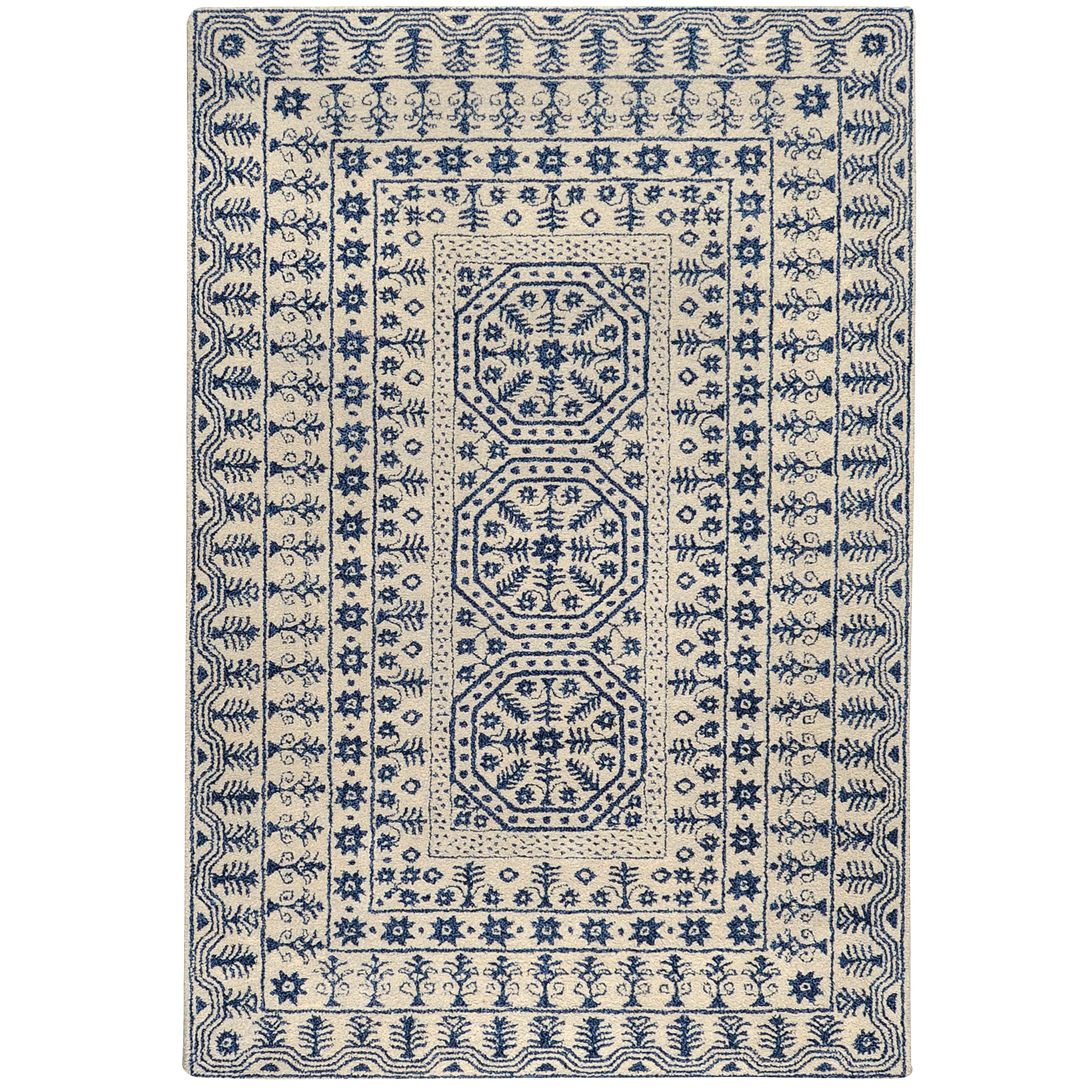 Hand Tufted Palma Ivory Navy Oriental Pattern Wool Rug 8 X 11