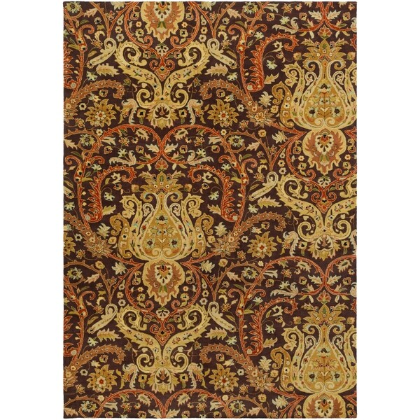 Hand-Tufted Polmont Brown/Gold Traditional Border Semi-Worsted New Zealand Wool Area Rug - 9' x 13'