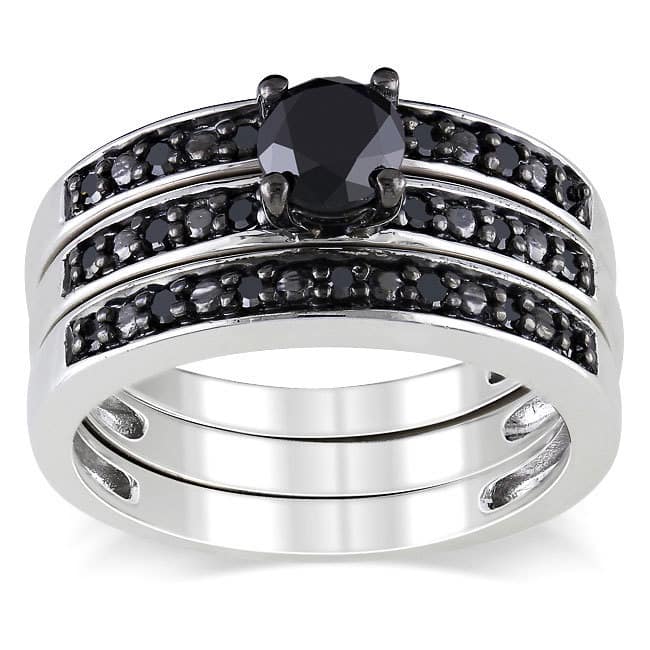 Miadora Sterling Silver 1ct TDW Black Diamond Stackable 3-piece Engagement Bridal Ring Set