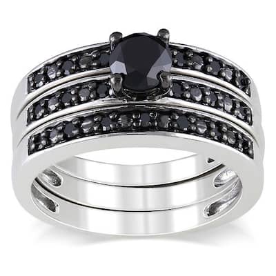 Miadora Sterling Silver 1ct TDW Black Diamond Stackable 3-piece Engagement Bridal Ring Set