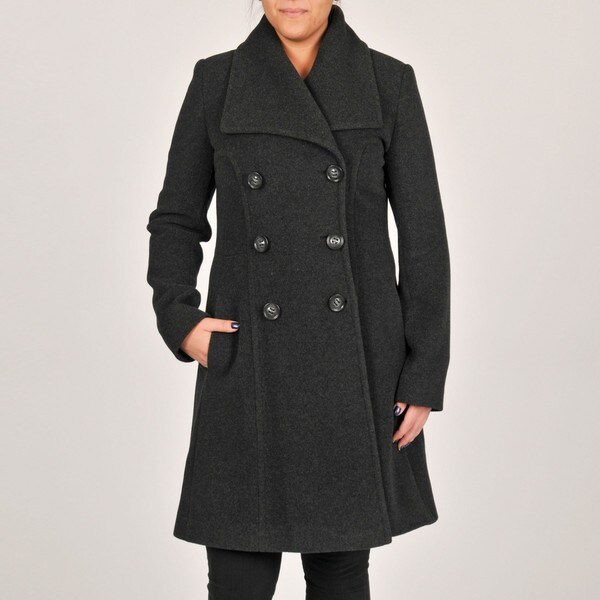 Larry Levine Charcoal Double-Breasted Wing Collar Wool Coat - Overstock ...