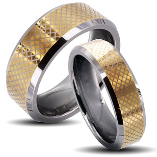 Tungsten Carbide Two tone Checkered His and Her Wedding Band Set Men's Rings