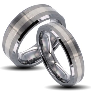 Tungsten Carbide Striped Inlay Beveled Edge His and Her Wedding Band Set Men's Rings