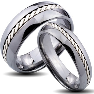 Tungsten Carbide Silver Rope Inlay His and Her Wedding Band Set Men's Rings