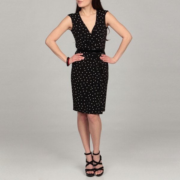 Kasper Womens Black/ White Polka Dot Belted Dress  