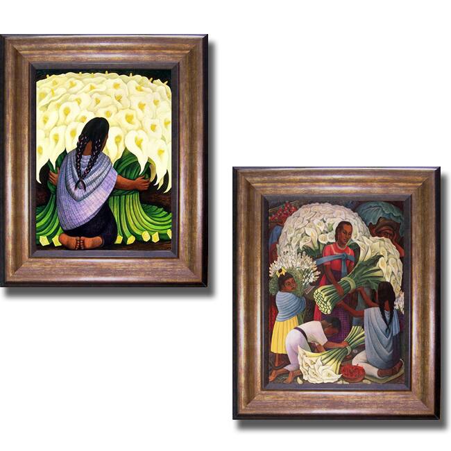 Diego Rivera 'Flower Seller and Flower Vendor' Framed 2-piece Canvas Set - Multi