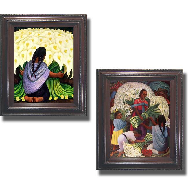 Diego Rivera 'Flower Seller and Flower Vendor' Framed 2-piece Canvas Set - Black