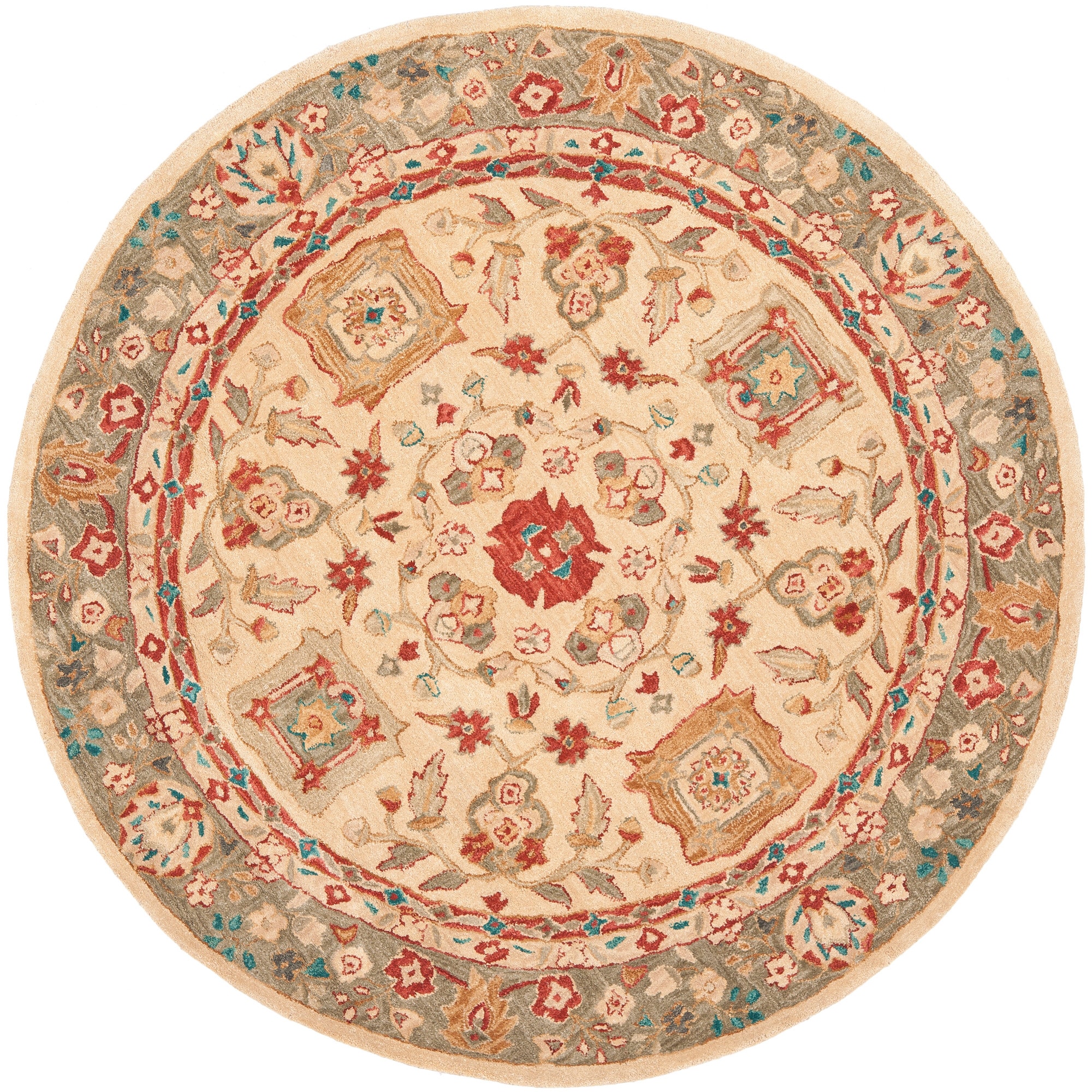 Hand made Oushak Beige/ Green Hand spun Wool Rug (4 Round)