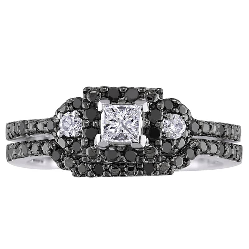 Miadora 10k White Gold 1/2ct TDW Princess and Round-cut Black and White Diamond Halo Bridal Ring Set