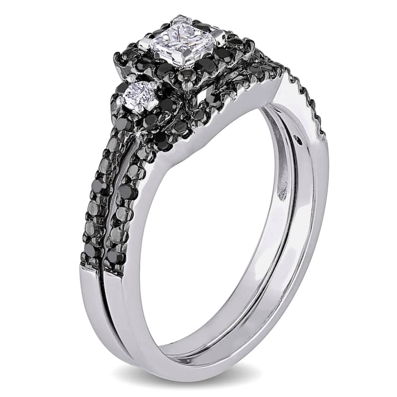 Miadora 10k White Gold 1/2ct TDW Princess and Round-cut Black and White Diamond Halo Bridal Ring Set