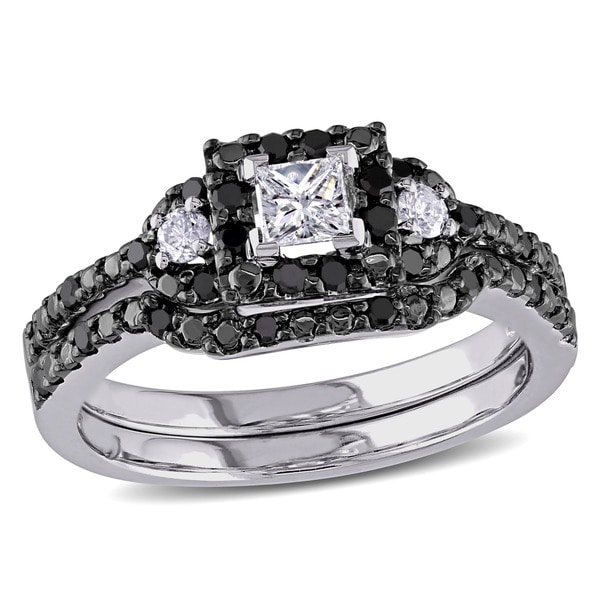 Miadora 10k White Gold 1/2ct TDW Princess and Round-cut Black and White Diamond Halo Bridal Ring Set