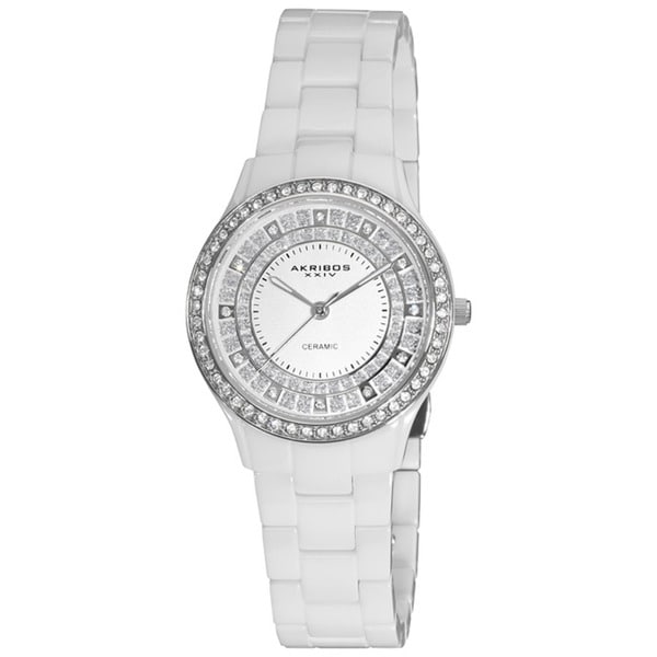 Akribos XXIV Women's Slim Ceramic Quartz White Watch with GIFT BOX