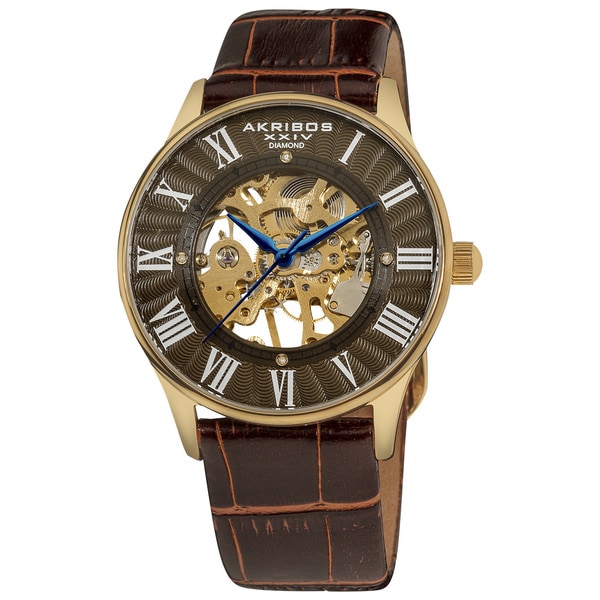 Akribos XXIV Slim Men's Brown-Dial Mechanical Gold-Tone Watch. Opens flyout.