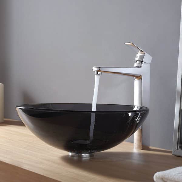 KRAUS Glass Vessel Sink in Black with Virtus Faucet in Chrome