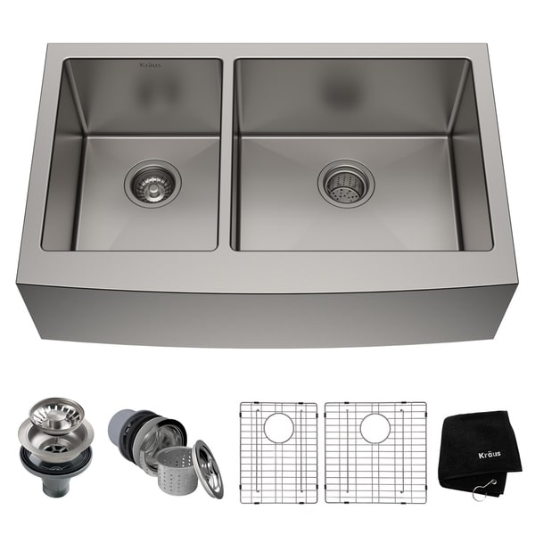 Kraus KHF204-33 Farmhouse Apron Front 33-in 16G 40/60 2-Bowl Satin Stainless Steel Kitchen Sink, Grids, Strainers, Towel