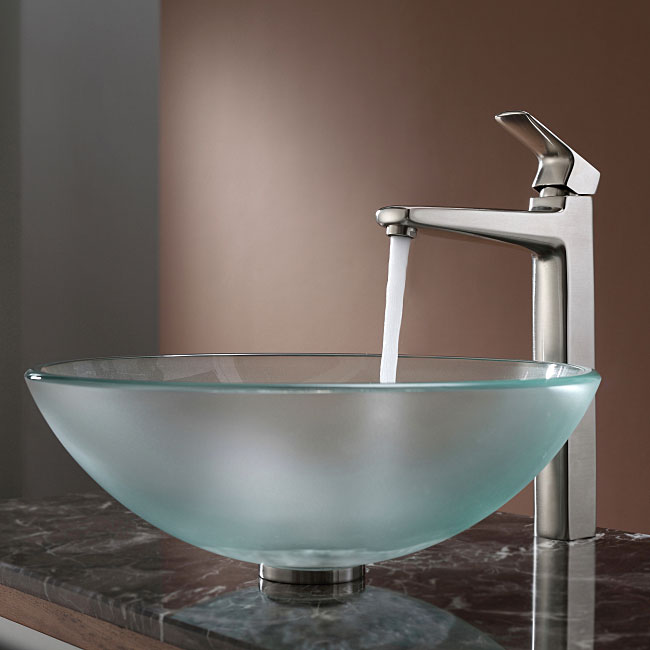 KRAUS Frosted Glass Vessel Sink in Clear with Virtus Faucet in Brushed ...