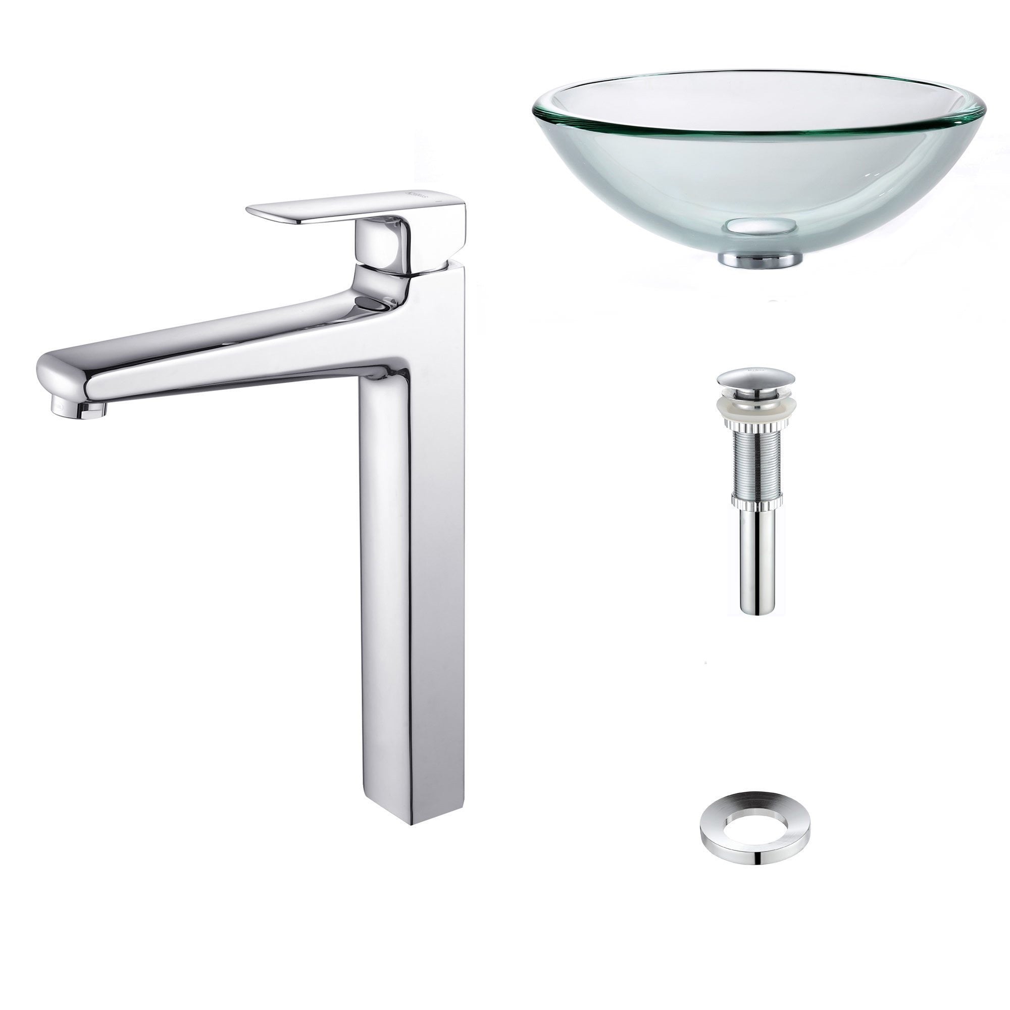 Kraus Clear 19mm Thick Glass Vessel Sink And Virtus Faucet Chrome