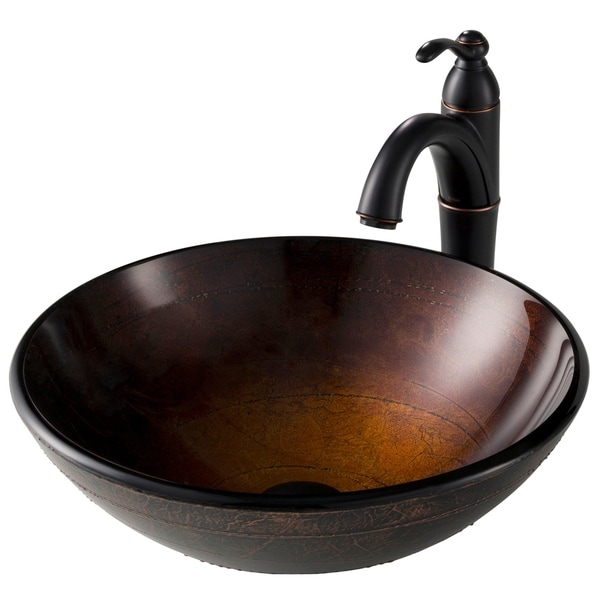 Kraus 4-in-1 Bathroom Set C-GV-580-12mm-1005 Illusion Glass Vessel Sink, Riviera Faucet, PU Drain, Mount Ring, 2 finish