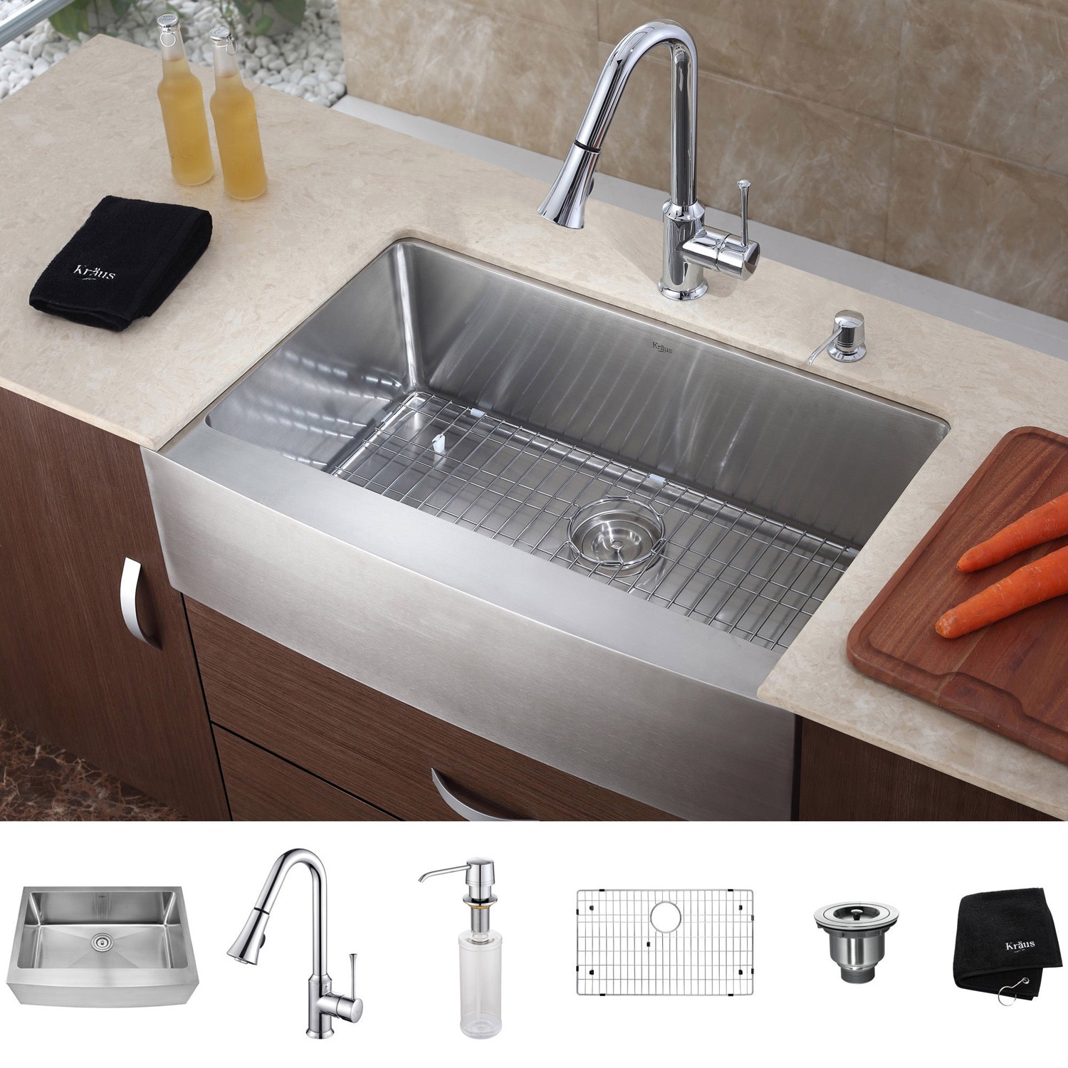 KRAUS 36 Inch Farmhouse Single Bowl Stainless Steel Kitchen Sink with  Kitchen Faucet and Soap Dispenser in Stainless Steel - Bed Bath & Beyond -  4389932