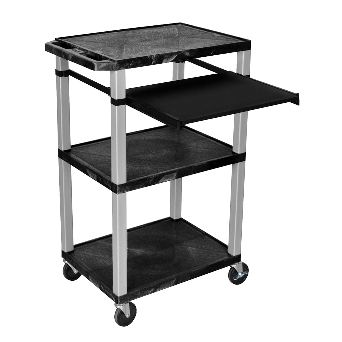 H.wilson 42 Inch High Black Open Shelf Wheeled Presentation Stand (BlackNickel finished LegsWheeledShelves Three (3) 18 inch x 24 inch shelves with a 0.25 inch safety retaining lip Keyboard tray with mousepad extenderModel WTPS42E NAssembly Required )