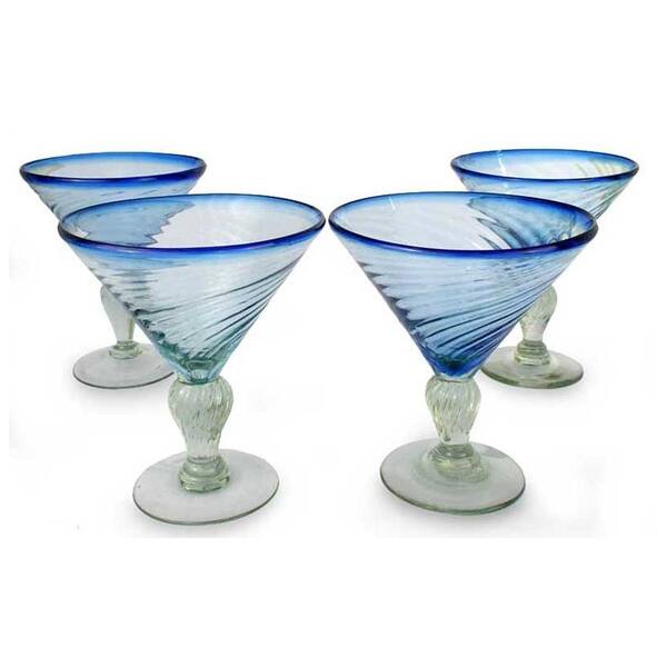 Two Bubble Bottom Blue Stemless Martini Glasses